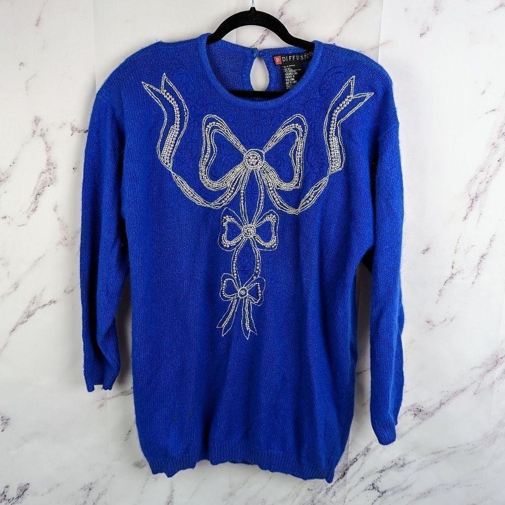 Vintage 80s Blue Bow Beaded Sweater Silk Blend Round Neck Size X Large